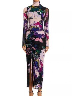 Aqua Black Floral Long-Sleeve Maxi Dress with Purple Accents